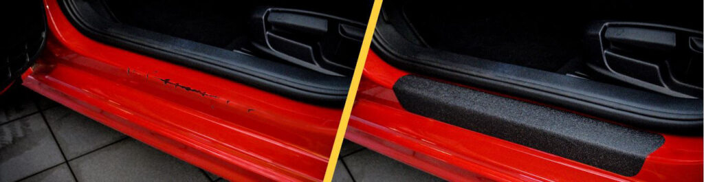 These protective moldings were created to solve a problem with scratches on vehicle door sills. They add a barrier to protect against future scratches. They are also used to hide any damage already done to the sills. As you can tell by the before and after photos below, this protection makes a big difference for any resale value of your vehicle as they avoid rust formation.